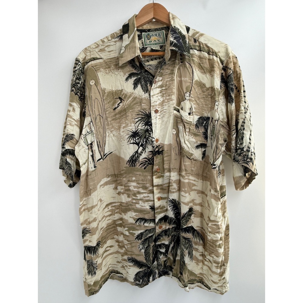 VTG 90s Hana Bay Hawaii Waikiki Retro Surf Scenic Rayon Shirt Men Size Medium M